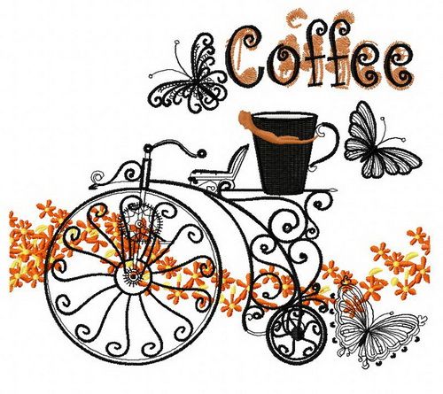 Retro bicycle and coffee machine embroidery design