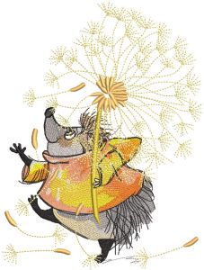 Hedgehog walking with a dandelion embroidery design