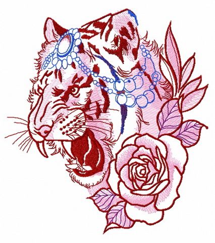 Raja's tiger with rose machine embroidery design