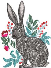 Hare in flowers berries decorated leaves embroidery design