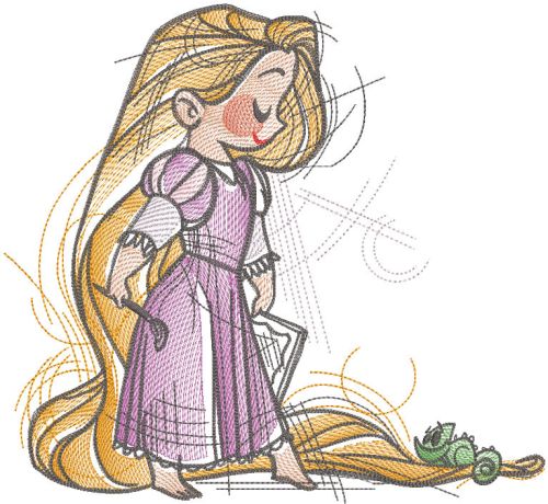Rapunzel and pascal sketch embroidery design