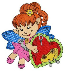 Elf with pin cushion embroidery design