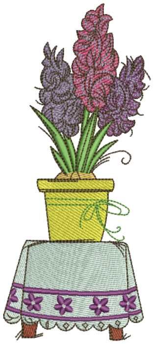 flowers in vase at table embroidery design