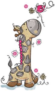 Giraffe looks at a bird carrying a branch embroidery design
