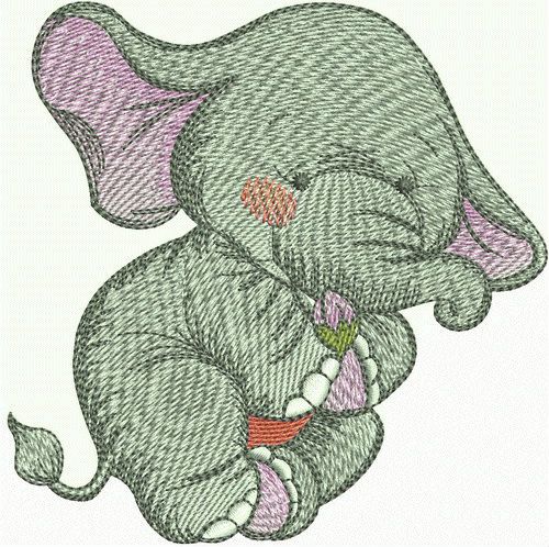 Elephant with tine flower bud machine embroidery design 