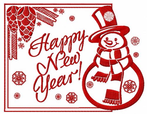 Happy New Year card with snowman machine embroidery design  