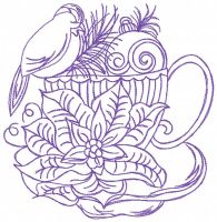 Winter composition with bird, cup, Christmas tree toy embroidery design