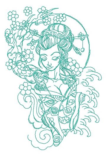 Shy geisha machine embroidery design