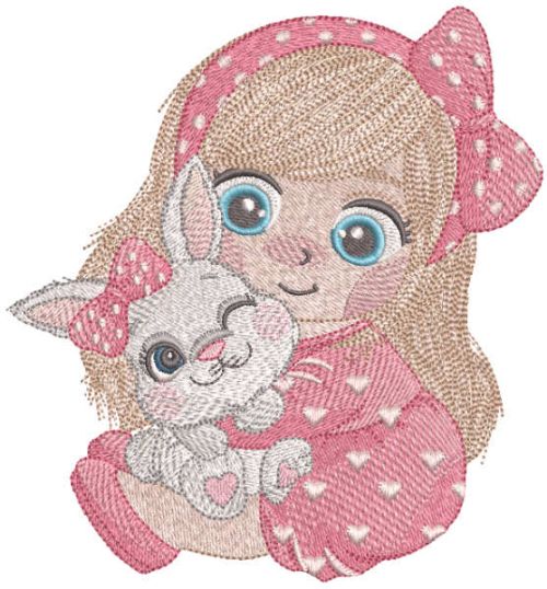 Girl with her favorite baby bunny embroidery design