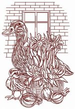 Ducks near brick wall embroidery design