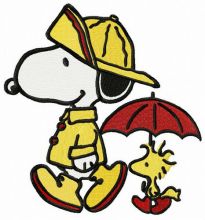 Snoopy and Woodstock walking under rain