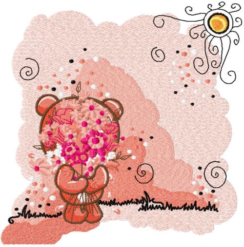 Teddy bear with flower happy embroidery design