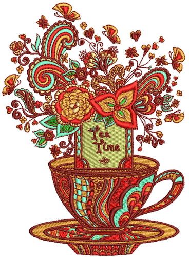 Tea time post card machine embroidery design
