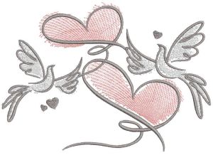 Pombos com fitas criando desenhos de bordados de corações