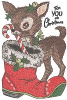 Deer puts candy stick in christmas boot embroidery design