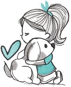 Diseño de bordado de niña abrazando a un cachorro