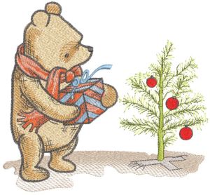 Classic pooh puts gift under Christmas tree embroidery design