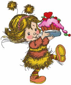 Girl in bee costume with cake embroidery design