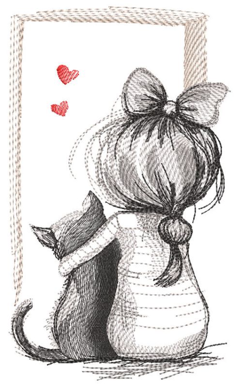 Cat and girl friendship free embroidery design