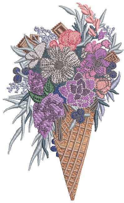 Waffle cone with bouquet of beautiful flowers embroidery design