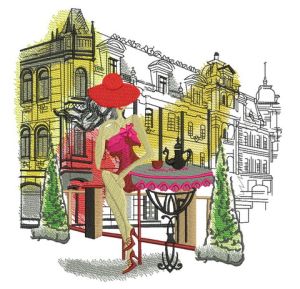 Posh girl in cafe embroidery design