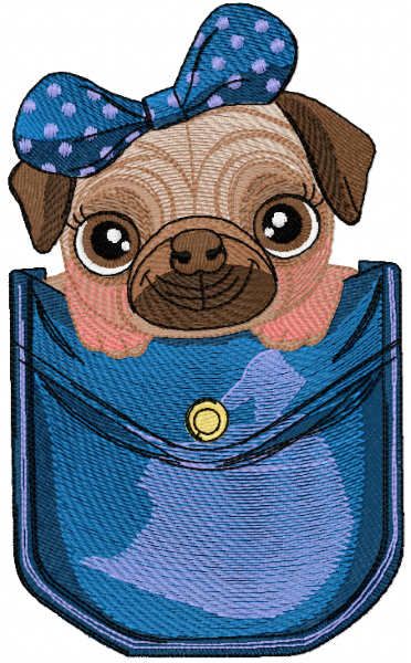 Pug dog in jeans pocket embroidery design
