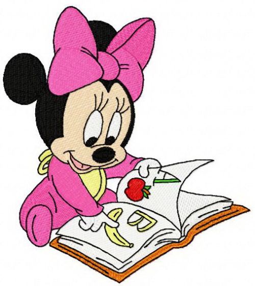 Baby Minnie Mouse reading a book machine embroidery design