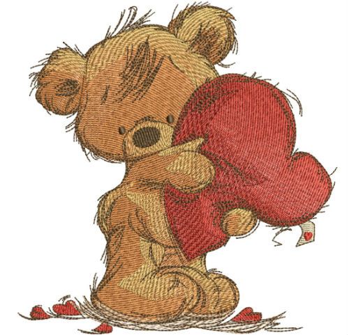Teddy bear with heart pillow machine embroidery design