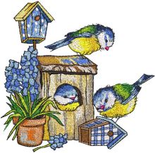 Chickadees bright birdhouses and clay pot of flowers embroidery design