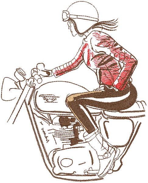 Biker girl on triumph motorcycle embroidery design