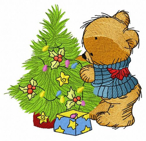 Bear decorating New Year tree 2 machine embroidery design