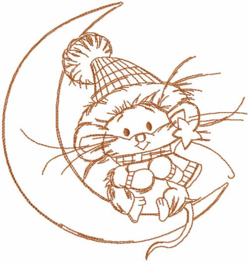 Mouse and moon one colored embroidery design