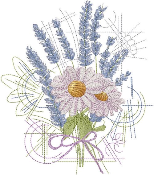 Bouquet of daisies and lavender embroidery design