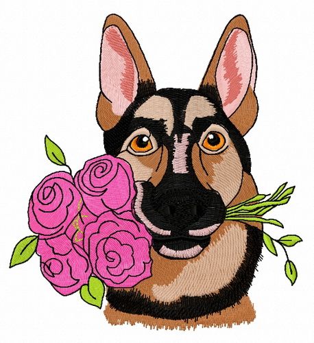 German Shepherd with roses machine embroidery design