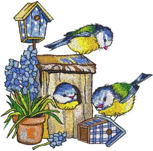 Casas de pássaros brilhantes de chapins e vasos de barro com flores bordados