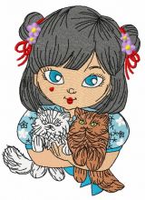 Japanese girl with cats 3 embroidery design