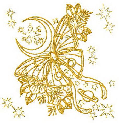 Yellow space butterfly machine embroidery design