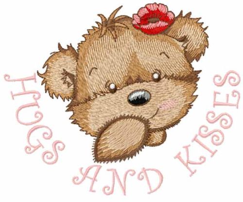 Bear girl hugs and kisses embroidery design