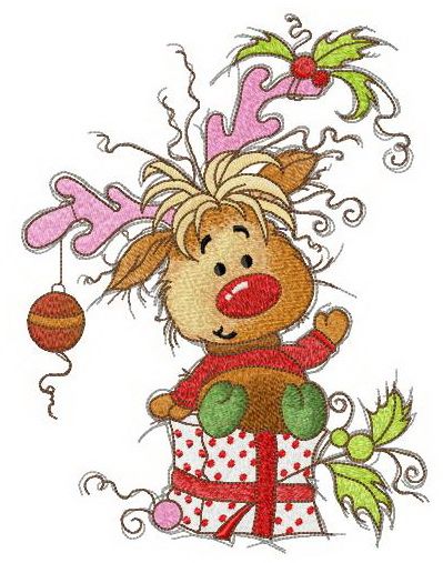 Happy fawn with Christmas gift machine embroidery design