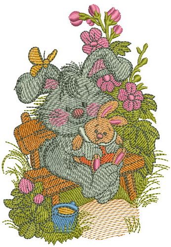 Bunny with toy bunny machine embroidery design