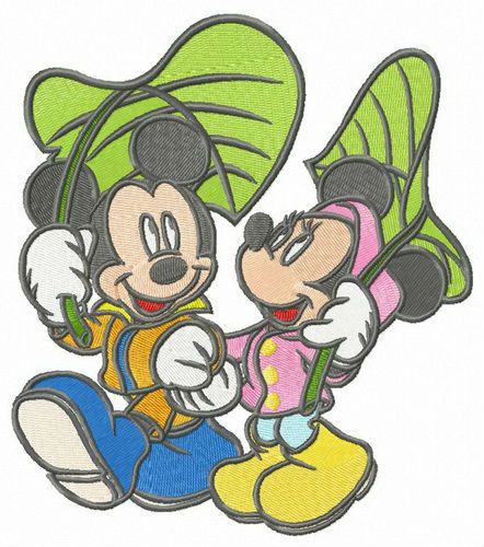 Mickey and Minnie walking under leaf umbrellas machine embroidery design