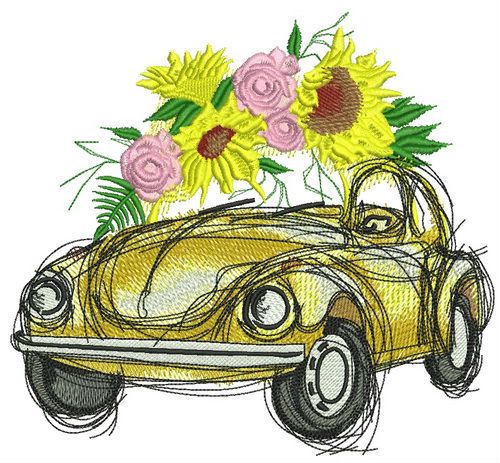 Yellow car with sunflowers machine embroidery design