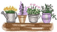 Flower pots on the wooden bench embroidery design