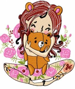 Cute girl and teddy bear embroidery design