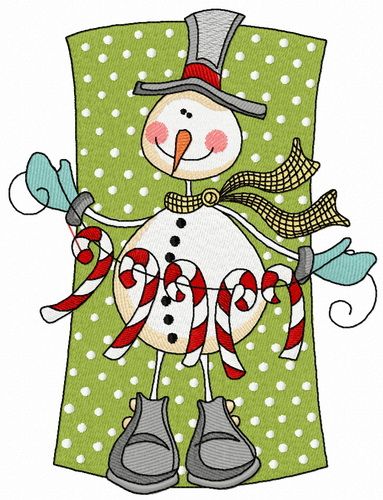 Snowman with candy cane garland machine embroidery design