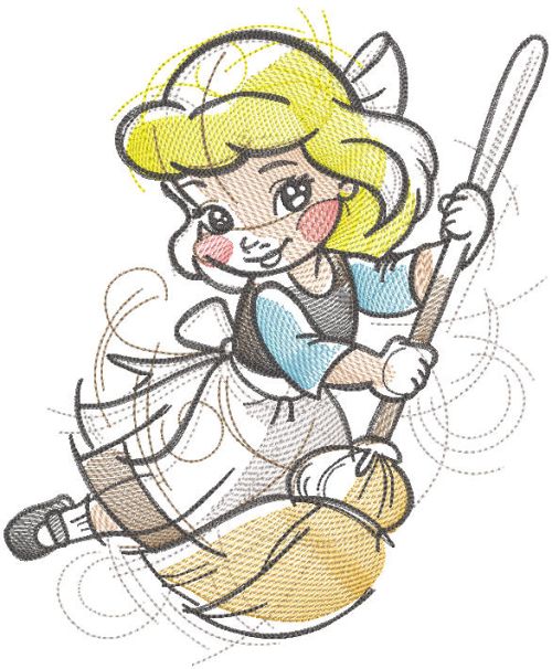 Cinderella with broom embroidery design