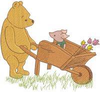 Winnie Pooh y Piglet en un diseño de bordado gratuito con carrito de jardín