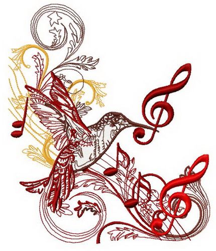 Musical humming-bird machine embroidery design