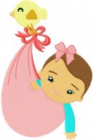 Baby in a diaper carried by a bird embroidery design