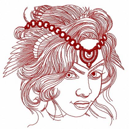 Woman with original head decoration machine embroidery design